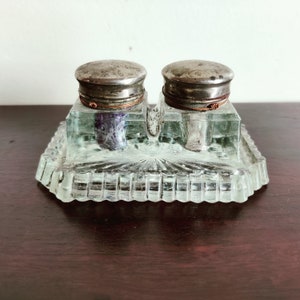 Vintage Clear Glass Double Inkwell | Glass Inkwell Desk Set Organizer | Art Decor Crystal Antique Ink Well|Pressed Glass Double Inkwell IP12
