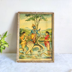 Vintage Raja Ravi Varma Print of &#39;Kaliya Mardan&#39; Lord Krishna and Kaliya Snake with Original Wooden Frame | Raja Ravi Varma Lithograph PR13