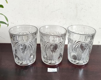 Antique Clear Glass Unique Pattern Old Fashioned Tumbler | Retro Glassware | Boho Barware Collectible | Beverage Kitchenware 3Pcs GT404