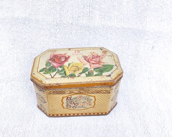 Scatola decorativa in latta con grafica floreale e fiori, anni '50, vintage, JB Mangharam, biscotti, dolciumi, pubblicità, scatola TB1673