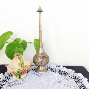 Vintage Perfume Rose Water Sprinkler | Old Nickel Plated Brass Perfume Bottle Tribal Exotic | Brass Essence Holder | Unique Home Decor