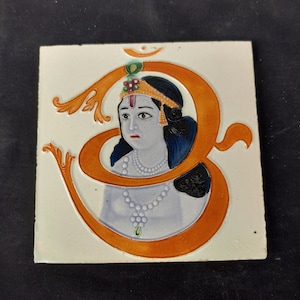 Vintage Rare Lord Krishna Om Nouveau Architecture Tile | Furniture Tile |Religious God Krishna Tile |Vintage Architecture Ceramic Tile CT227