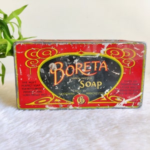 1940s Vintage Boreta Soap Advertising Litho Tin Box Goodwins Manchester , England | Litho Print Empty Tin Box Decorative Collectibles TB1534