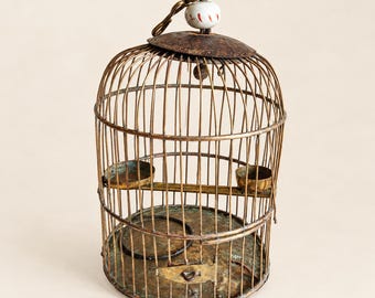 Antieke messing vogelkooi, 19e-eeuwse Indiase decoratie, verzamelobject uit het Britse tijdperk