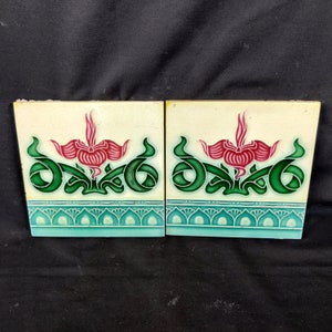 Vintage Flower Art Nouveau Embossed Architecture Tiles 2Pc , Japan|Decorative Tile|Ceramic Vintage Tile|Japanese Tile|Furniture Tile CT164