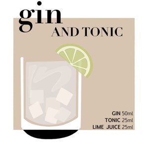 Gin en Tonic Cocktail Digital Print, Downloadbare muurkunst, Cocktail Print, Digitale Download Art, Cocktails, Bar Cart Art