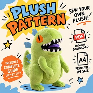 Puede incluir: Un patrón de costura digital para un dinosaurio de peluche verde con ojos naranjas, lengua morada y espinas dorsales azules. El texto dice PLUSH PATTERN, SEW YOUR OWN PLUSH, PDF DIGITAL DOWNLOAD, INCLUDES COMPLETE GUIDE STEP-BY-STEP, PRINTABLE A4 SIZE.