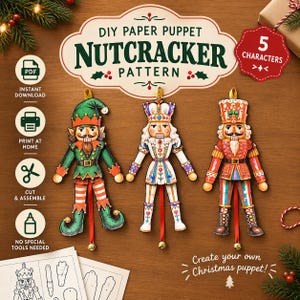Marionette di carta Schiaccianoci stampabili, Bambole snodate natalizie fai da te, Attività creativa per le vacanze, Modello PDF, Decorazioni natalizie per bambini A4