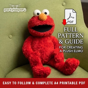 May include: A plush red Elmo toy with white eyes and an orange nose. The image includes a PDF icon with the text "FULL PATTERN & GUIDE FOR CREATING A PLUSH ELMO" and "EASY TO FOLLOW & COMPLETE A4 PRINTABLE PDF". The logo "partylabperu" is in the top left corner.