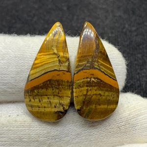 Par de cabujón de pera de ojo de tigre amarillo de diseñador natural, piedra preciosa suelta para aretes, 13 x 28 x 4 mm, 29 cts