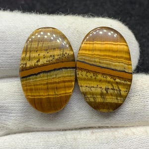 Oeil de tigre jaune de créateur naturel paire ovale cabochon de pierres précieuses en vrac pour boucles d'oreilles 16x25x4mm 37 Cts