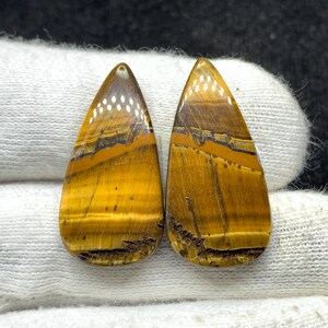 Par de cabujón de pera de ojo de tigre amarillo de diseñador natural, piedra preciosa suelta para aretes, 13 x 28 x 4 mm, 32 cts
