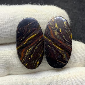 Paire de cabochons ovales en forme de tigre de fer rouge naturel, pierres précieuses en vrac pour boucles d'oreilles 14x27x3mm 31 Cts