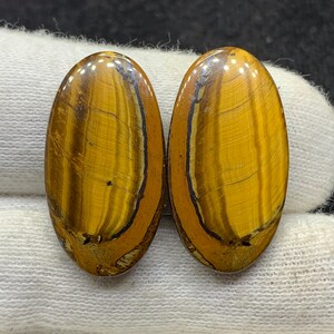 Oeil de tigre jaune de créateur naturel paire ovale cabochon de pierres précieuses en vrac pour boucles d'oreilles 14x27x3mm 26 Cts