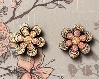 Handcrafted Wooden Flower Earrings – Hand-Painted with Shimmering Watercolours | Sterling Silver Posts | Handmade in the UK