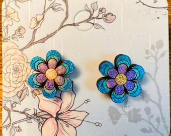 Handcrafted Wooden Flower Earrings – Hand-Painted with Shimmering Watercolours | Sterling Silver Posts | Handmade in the UK