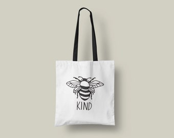 Bee Kind Tote Bag White with Black Handles