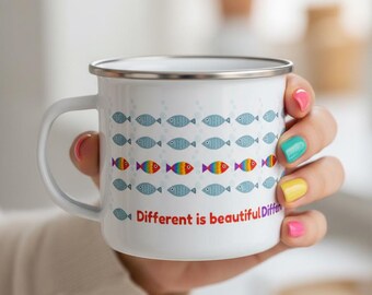 Different Is Beautiful Enamel Mug – Rainbow Fish Design, Gift for Neurodivergent Adults, Proudly Unique, Camping Mug, Self-Love Cup