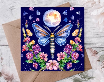Folk Art Style Dragonfly Moon Greetings Card