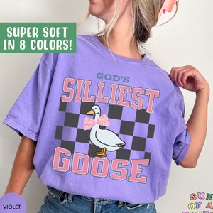 God&#39;s Silliest Goose Shirt Funny Christian Apparel Retro God Shirt Oversized Comfort Colors T Shirt Coquette Christian T-Shirt with Pink Bow