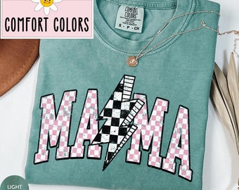 Lightning Bolt Mama Shirt Retro Checkered Mama T Shirt Comfort Colors® Mama T-Shirt Mother's Day Presents for Mom Gift Homeschool Mom Shirt