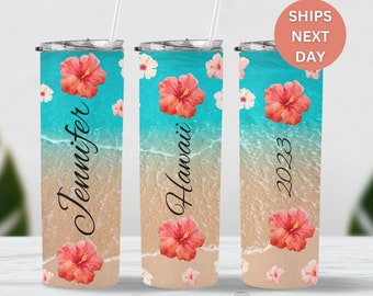 Beach Vacation Tumbler Personalized, Custom Girls Trip Tumbler Cup, Destination Beach Wedding Gift, Summer Hawaii Family Vacation Travel Cup