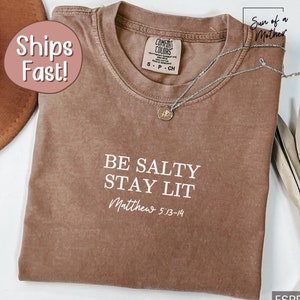 Puede incluir: Una camiseta marr&oacute;n con el texto "BE SALTY STAY LIT" y "Matthew 5:13-14" en blanco. La camiseta est&aacute; sobre una superficie marr&oacute;n con un collar y una planta.