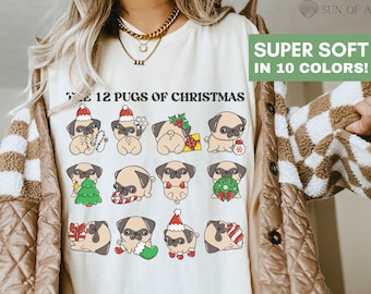 Pug Christmas Shirt Funny 12 Days of Pugs T Shirt Christmas Pug Tshirt Pug Lover T-Shirt Pug Owner Christmas Gift for Dog Mom Pug Mom Tee