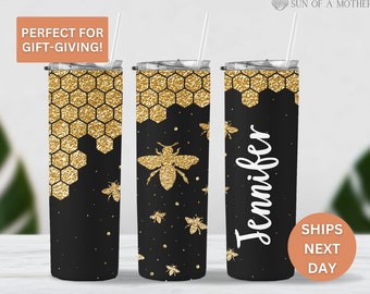 Personalized Bee Tumbler with Straw, Bee Gift for Women, Bee Lover Gift, Custom Honey Bee Cup, Glitter Bee Travel Mug, Cute Bee Gift for Her