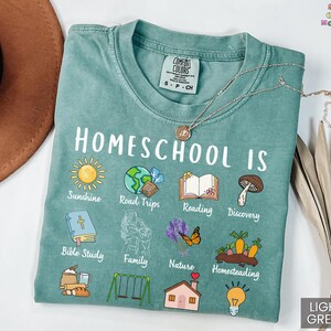 K&ouml;nnte beinhalten: Hellgr&uuml;nes T-Shirt mit der Aufschrift "Homeschool Is" und illustrierten Symbolen, die verschiedene Homeschooling-Themen darstellen. Das Shirt enth&auml;lt den Text "Sunshine, Road Trips, Reading, Discovery, Bible Study, Family, Nature, Homesteading."
