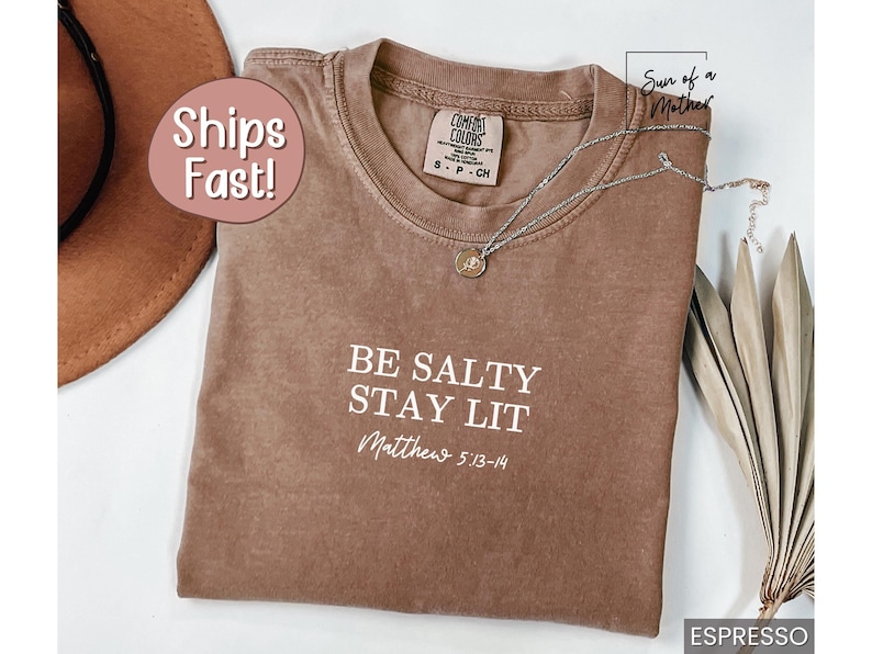Puede incluir: Una camiseta marr&oacute;n con el texto "BE SALTY STAY LIT" y "Matthew 5:13-14" en blanco. La camiseta est&aacute; sobre una superficie marr&oacute;n con un collar y una planta.