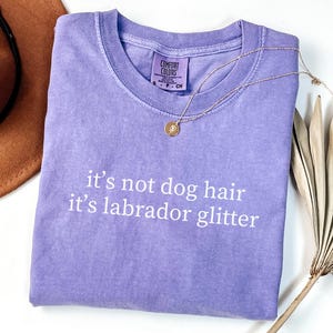 May include: A lavender Comfort Colors t-shirt with the text "it's not dog hair it's labrador glitter" in white. A gold necklace and a brown hat are also in the image. A dried palm leaf is in the background.