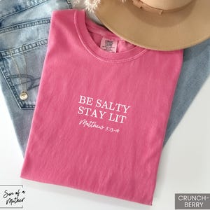 Puede incluir: Camiseta rosa con el texto "Be Salty Stay Lit" y "Matthew 5:13-14" en letras blancas.