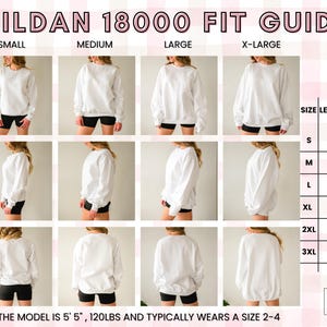 Peut inclure: Guide des tailles pour un sweat-shirt Gildan 18000 blanc. Le guide pr&eacute;sente le sweat-shirt en tailles S, M, L et XL. Le tableau des tailles indique la longueur et la largeur en pouces pour les tailles S-3XL. Le mod&egrave;le mesure 165 cm et p&egrave;se 54 kg et porte g&eacute;n&eacute;ralement une taille 2-4.