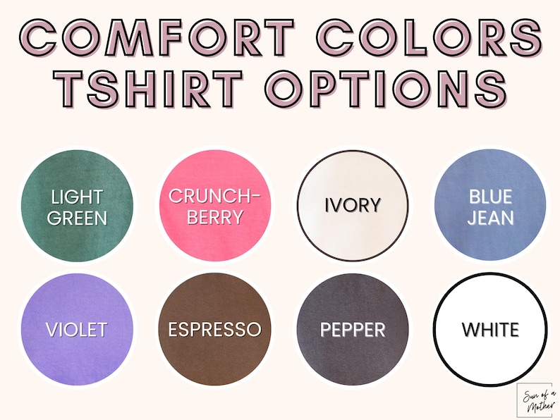Peut inclure: Un tableau montrant dix options de couleurs de t-shirt diff&eacute;rentes. Les couleurs sont&nbsp;: vert clair, baie croquante, ivoire, jean bleu, violet, expresso, poivre, blanc.