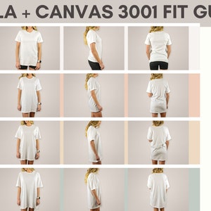 Puede incluir: Gu&iacute;a de tallas para las camisetas Bella + Canvas 3001, mostrando la camiseta en tallas S, M, L y XL en una modelo.