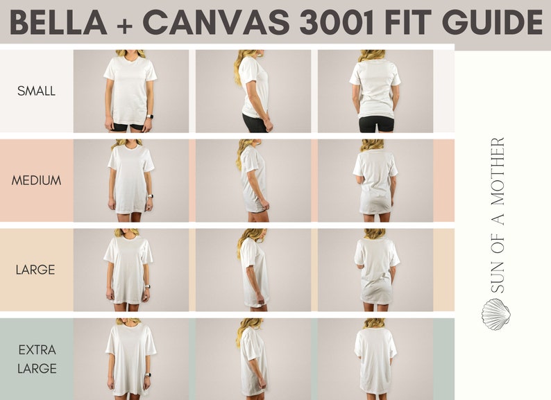 Puede incluir: Gu&iacute;a de tallas para las camisetas Bella + Canvas 3001, mostrando la camiseta en tallas S, M, L y XL en una modelo.