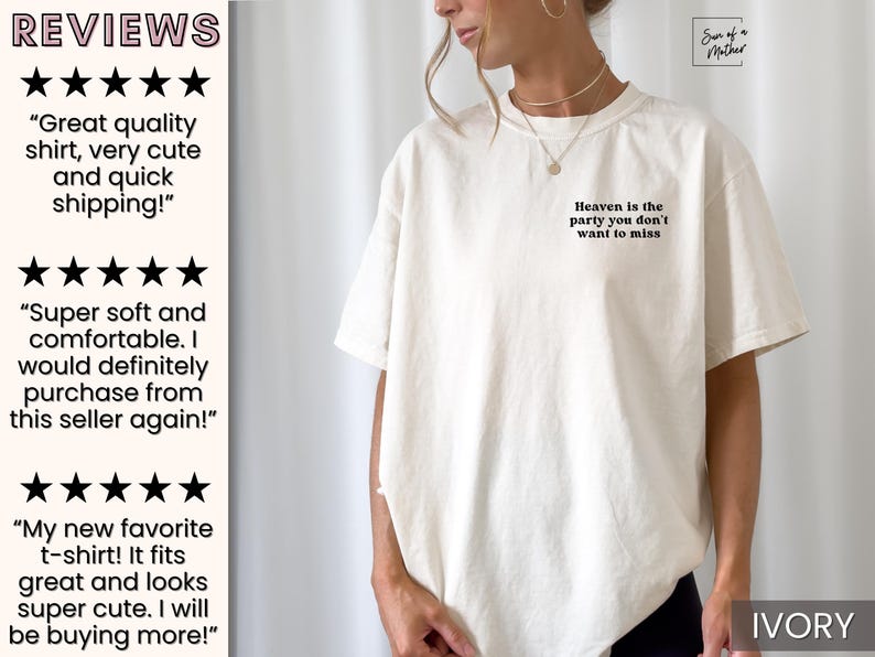 May include: A white t-shirt with the text "Heaven is the party you don't want to miss" printed on the front. The shirt is shown on a model and the color is ivory.