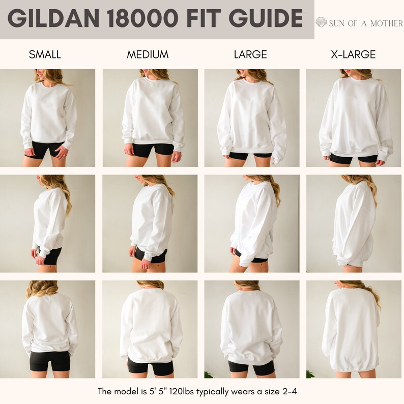 Op de afbeelding: Een wit Gildan 18000 sweatshirt in vier verschillende maten: klein, medium, groot en extra groot. Het model is 1,65 m lang en weegt 54 kg en draagt ​​normaal gesproken maat 36-38.