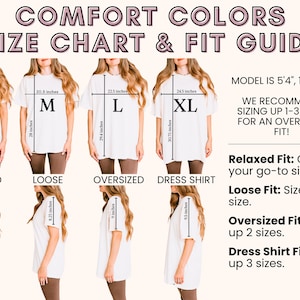 Może przedstawiać: Tabela rozmiar&oacute;w dla koszulek z r&oacute;żnymi krojami: Relaxed, Loose, Oversized i Dress Shirt. Tabela pokazuje wymiary w calach dla każdego rozmiaru: S, M, L i XL. Modelka ma 1,63 m wzrostu i waży 54 kg. Tabela zaleca zwiększenie rozmiaru o 1-3 rozmiary, aby uzyskać luźny kr&oacute;j.