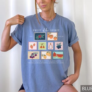May include: A light blue t-shirt with a graphic of fruit and the text "FRUIT of the SPIRIT" and "GAL 5:22-23". The text "But the fruit of the Spirit is love, joy, peace, patience, kindness, goodness, faithfulness, gentleness, self-control" is printed below the graphic.