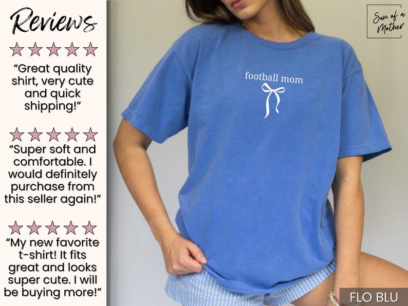 May include: A blue t-shirt with the text "football mom" and a bow graphic. The shirt is a solid color and appears to be made of a soft material. The shirt is a casual style.