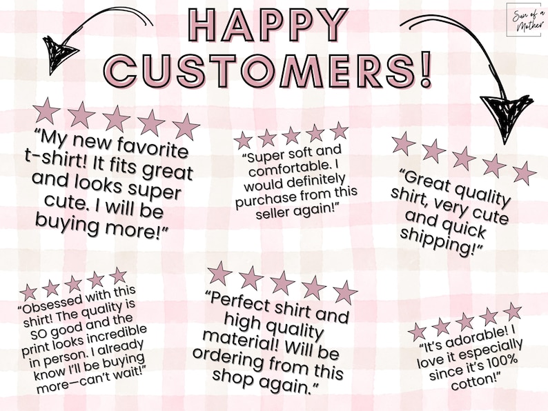 May include: Image with the text "HAPPY CUSTOMERS!" and customer reviews. Reviews include phrases like "My new favorite t-shirt!" and "Great quality shirt." The background is a pink and white checkered pattern.