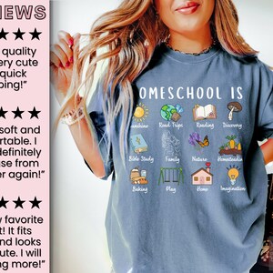 K&ouml;nnte beinhalten: Blaues Jeans-T-Shirt mit der Aufschrift "Homeschool Is" und verschiedenen Illustrationen. Die Illustrationen umfassen eine Sonne, einen Globus, ein Buch, einen Pilz, eine Bibel, eine Familie, einen Schmetterling, Karotten, Brot, Schaukeln, ein Haus und eine Gl&uuml;hbirne.