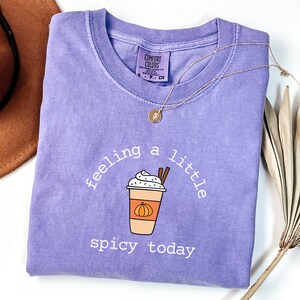 May include: A lilac-colored t-shirt with the phrase "feeling a little spicy today" and a graphic of a pumpkin spice latte. A gold necklace and a brown hat are also in the image.
