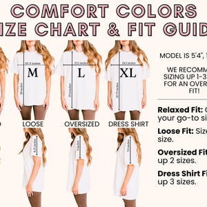 K&ouml;nnte beinhalten: Eine Gr&ouml;&szlig;entabelle und ein Passform-Leitfaden f&uuml;r Comfort Colors T-Shirts. Die Tabelle zeigt die Ma&szlig;e f&uuml;r die Gr&ouml;&szlig;en S, M, L und XL. Der Leitfaden enth&auml;lt Anweisungen f&uuml;r entspannte, lockere, &uuml;bergro&szlig;e und Hemd-Passformen. Das Model ist 1,63 m gro&szlig; und wiegt 54 kg.