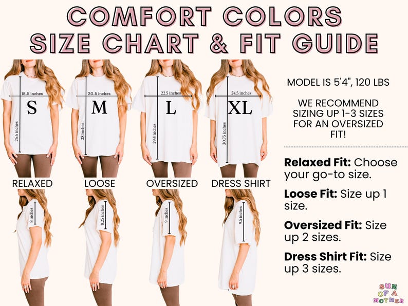 K&ouml;nnte beinhalten: Eine Gr&ouml;&szlig;entabelle und ein Passform-Leitfaden f&uuml;r Comfort Colors T-Shirts. Die Tabelle zeigt die Ma&szlig;e f&uuml;r die Gr&ouml;&szlig;en S, M, L und XL. Der Leitfaden enth&auml;lt Anweisungen f&uuml;r entspannte, lockere, &uuml;bergro&szlig;e und Hemd-Passformen. Das Model ist 1,63 m gro&szlig; und wiegt 54 kg.