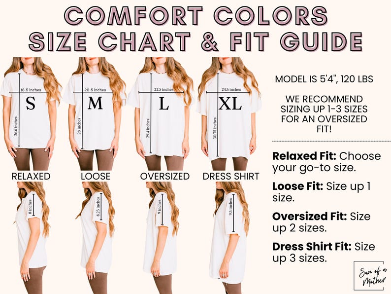 Op de afbeelding: Maattabel voor T-shirts met verschillende pasvormen: Relaxed, Loose, Oversized en Dress Shirt. De tabel toont de maten in inches voor elke maat: S, M, L en XL. Het model is 1,63 m lang en weegt 54 kg. De tabel raadt aan om 1-3 maten groter te kiezen voor een oversized pasvorm.