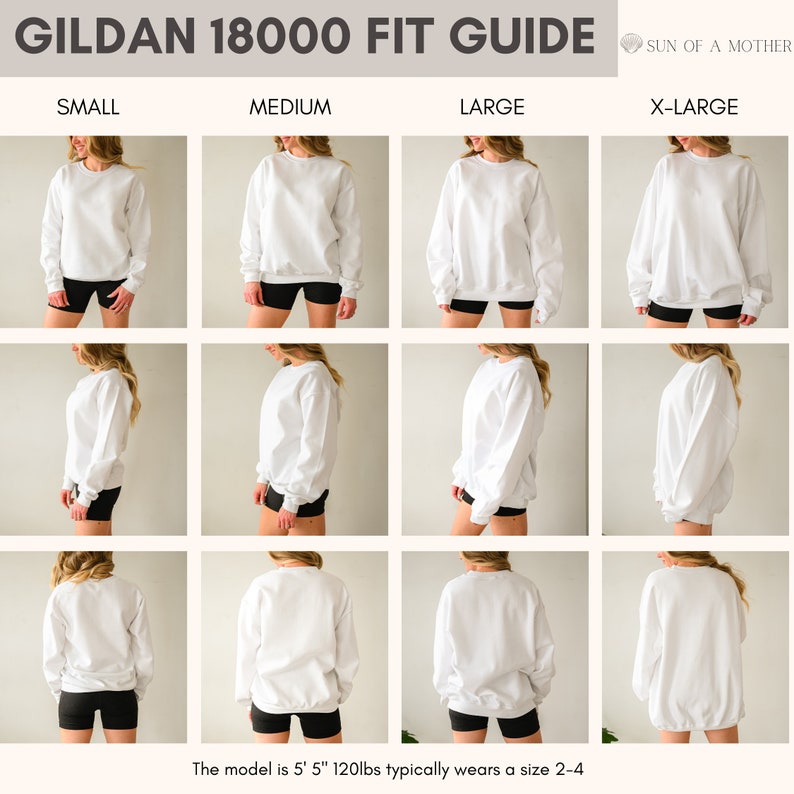 May include: A white Gildan 18000 sweatshirt in four different sizes: small, medium, large, and extra large. The model is 5'5" and 120 lbs and typically wears a size 2-4.