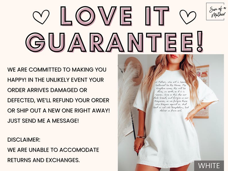 May include: White t-shirt with a handwritten text design that says "Our Father, who art in heaven, hallowed be thy Name. Thy kingdom come, thy will be done on earth as it is in heaven. Give us this day our daily bread, and forgive us our trespasses, as we forgive those who trespass against us. And lead us not into temptation, but deliver us from evil."